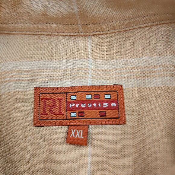 Prestige Shirt Mens XXL Light Brown Short Sleeve Checks 100% Linen Work Casual - Picture 6 of 9